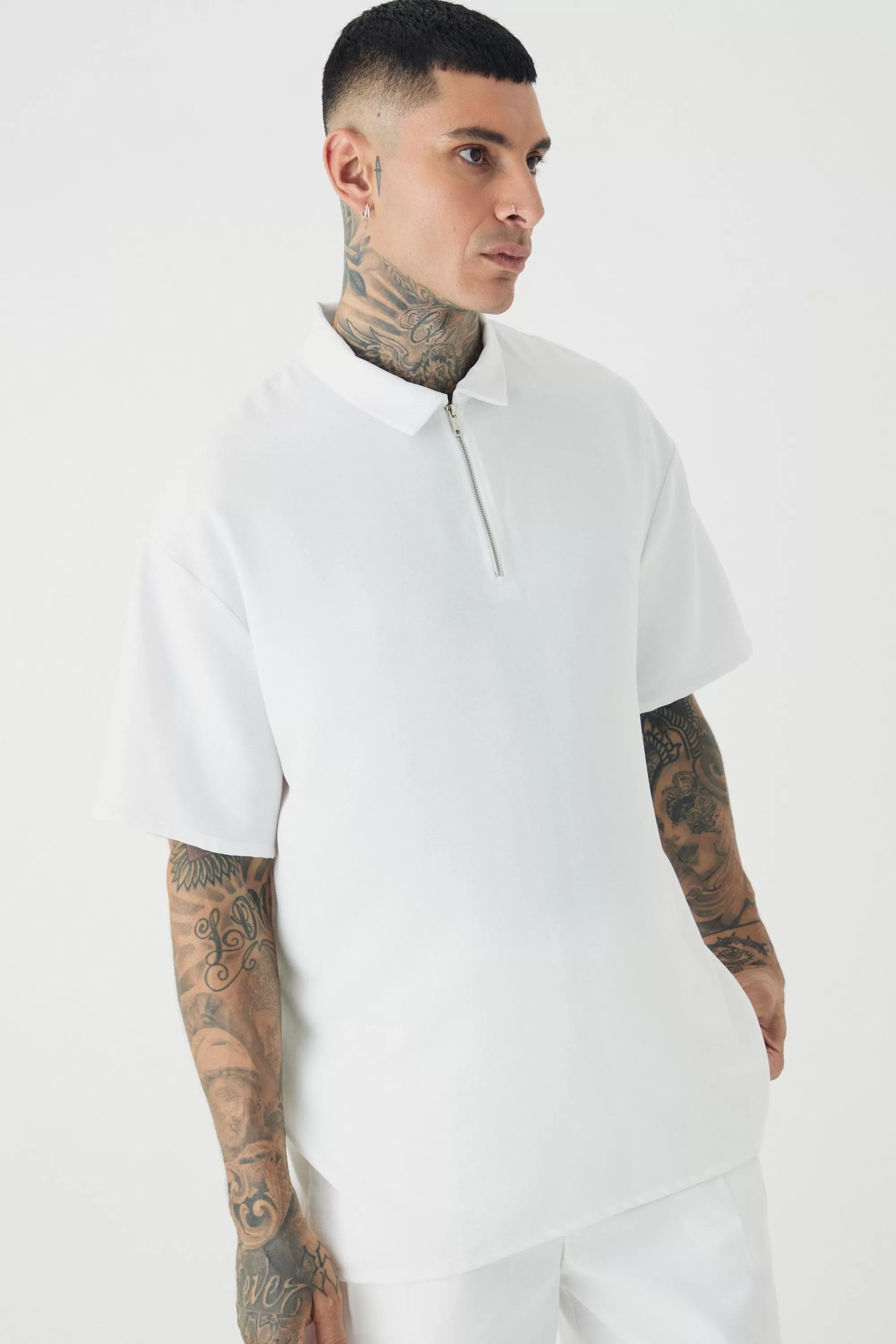boohooMAN Tall Zip Up Linen Polo In | UK white Flash Sale