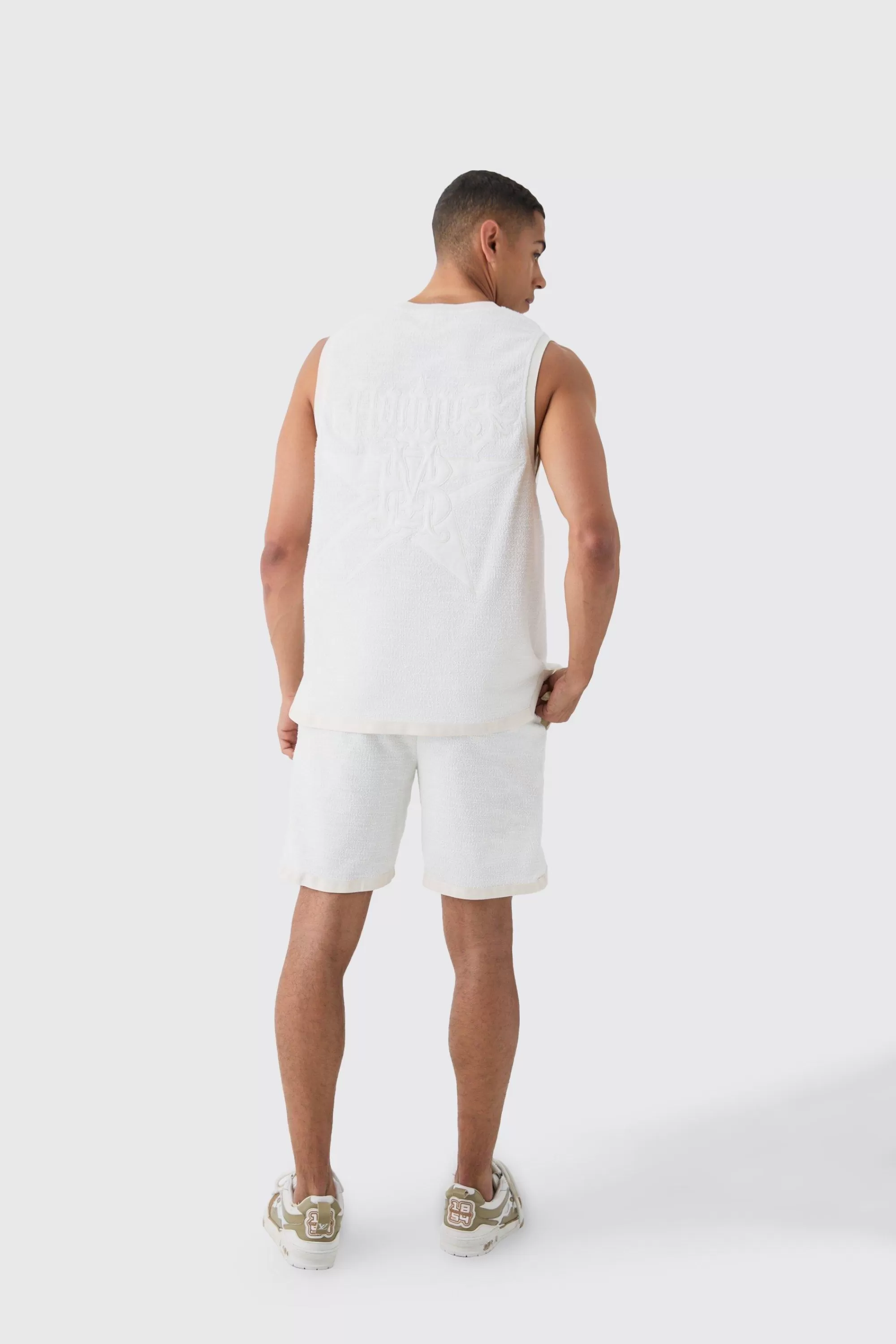 boohooMAN Textured Star Embroidered V Neck Basketball Vest | UK ecru Online