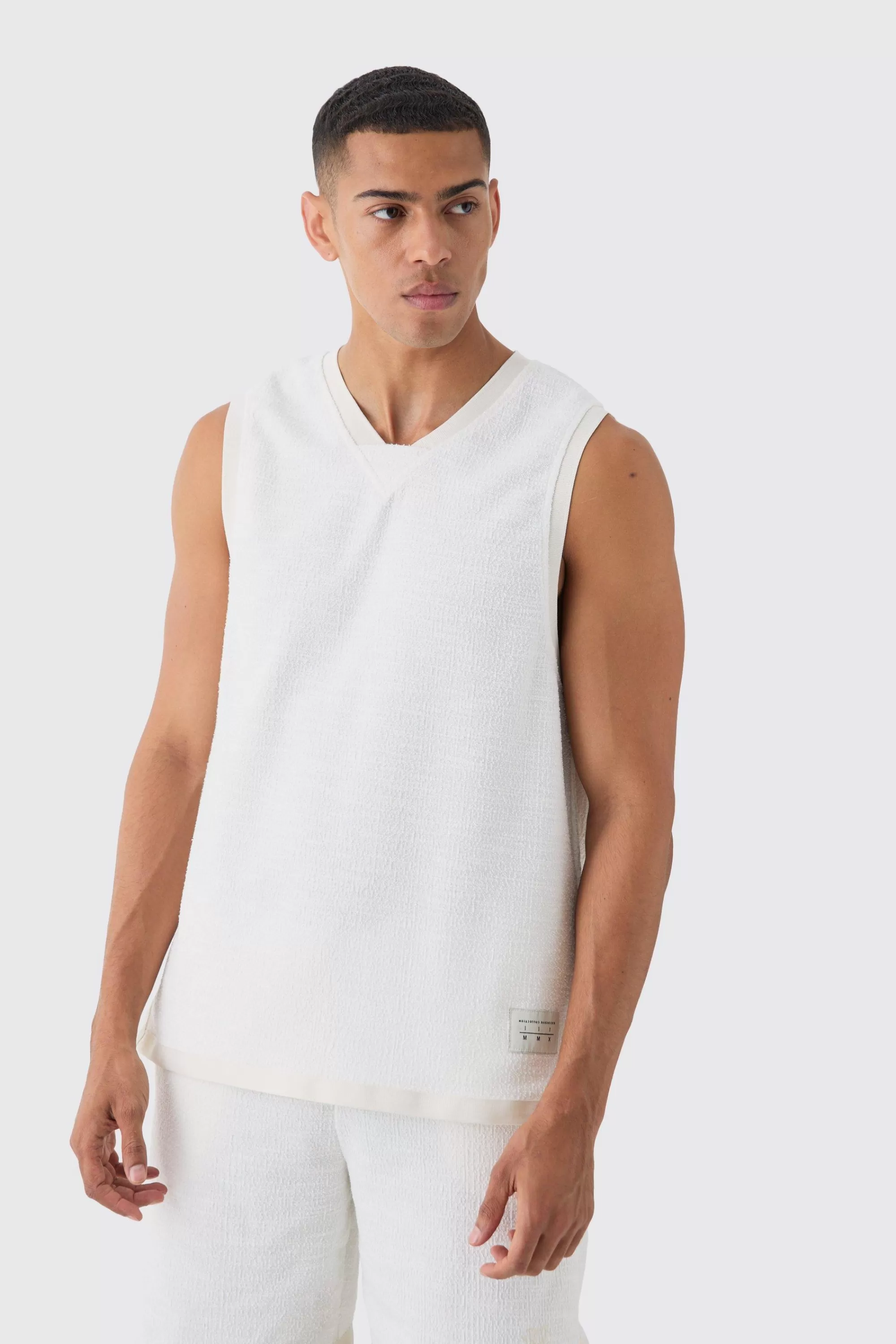 boohooMAN Textured Star Embroidered V Neck Basketball Vest | UK ecru Online