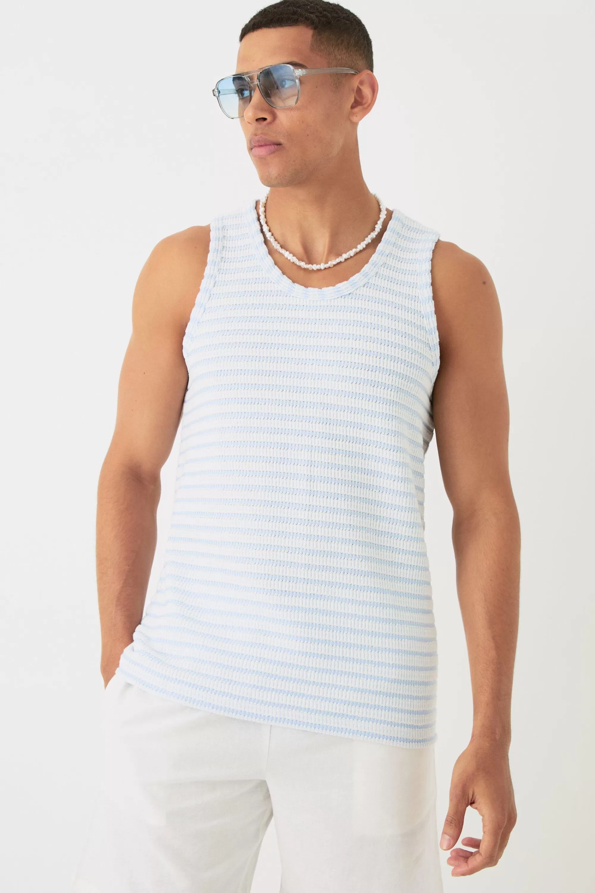 boohooMAN Textured Stripe Vest | UK ecru Hot