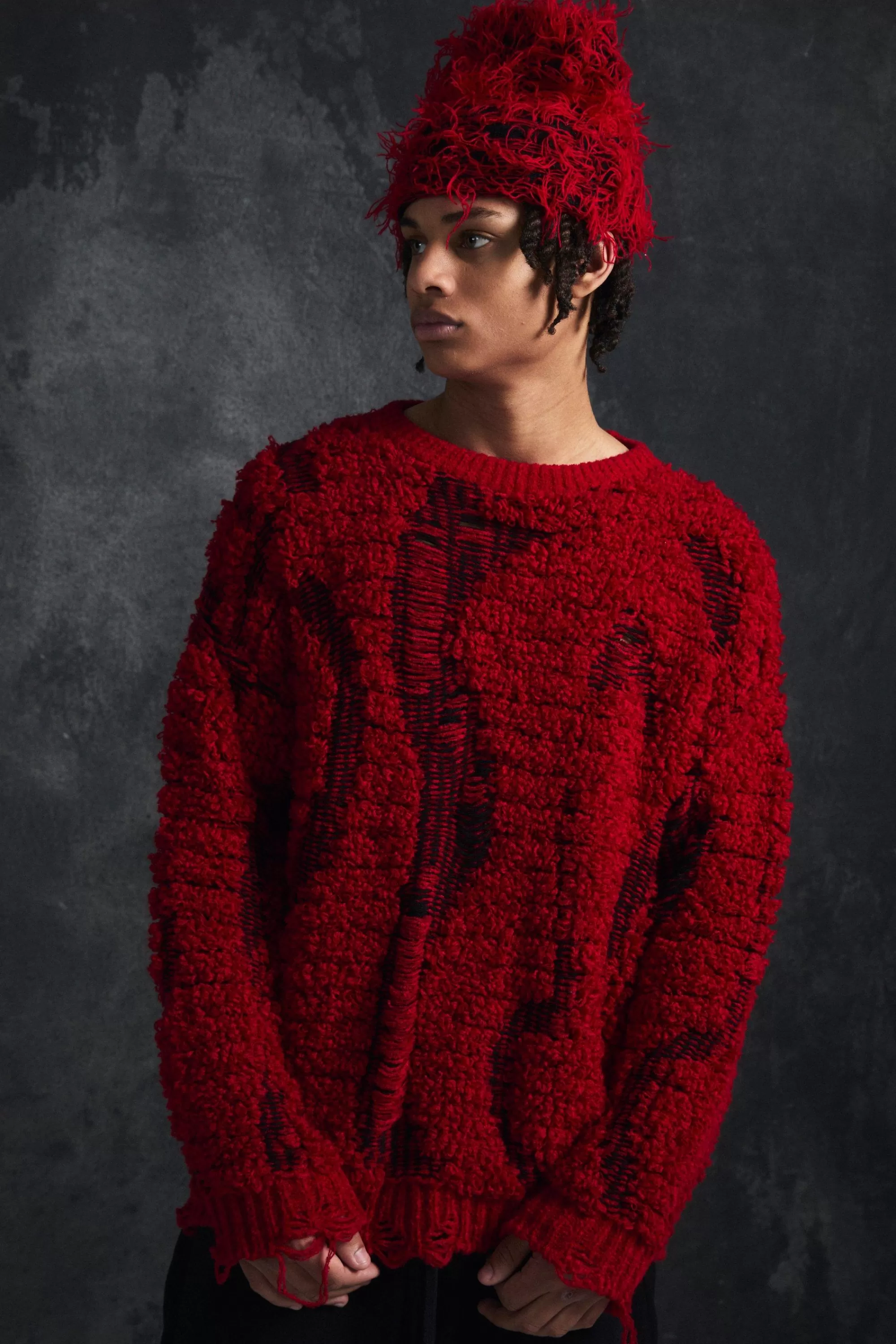 boohooMAN Trippie d Drop Stitch Textu Boxy Oversized Jumper | UK red Hot