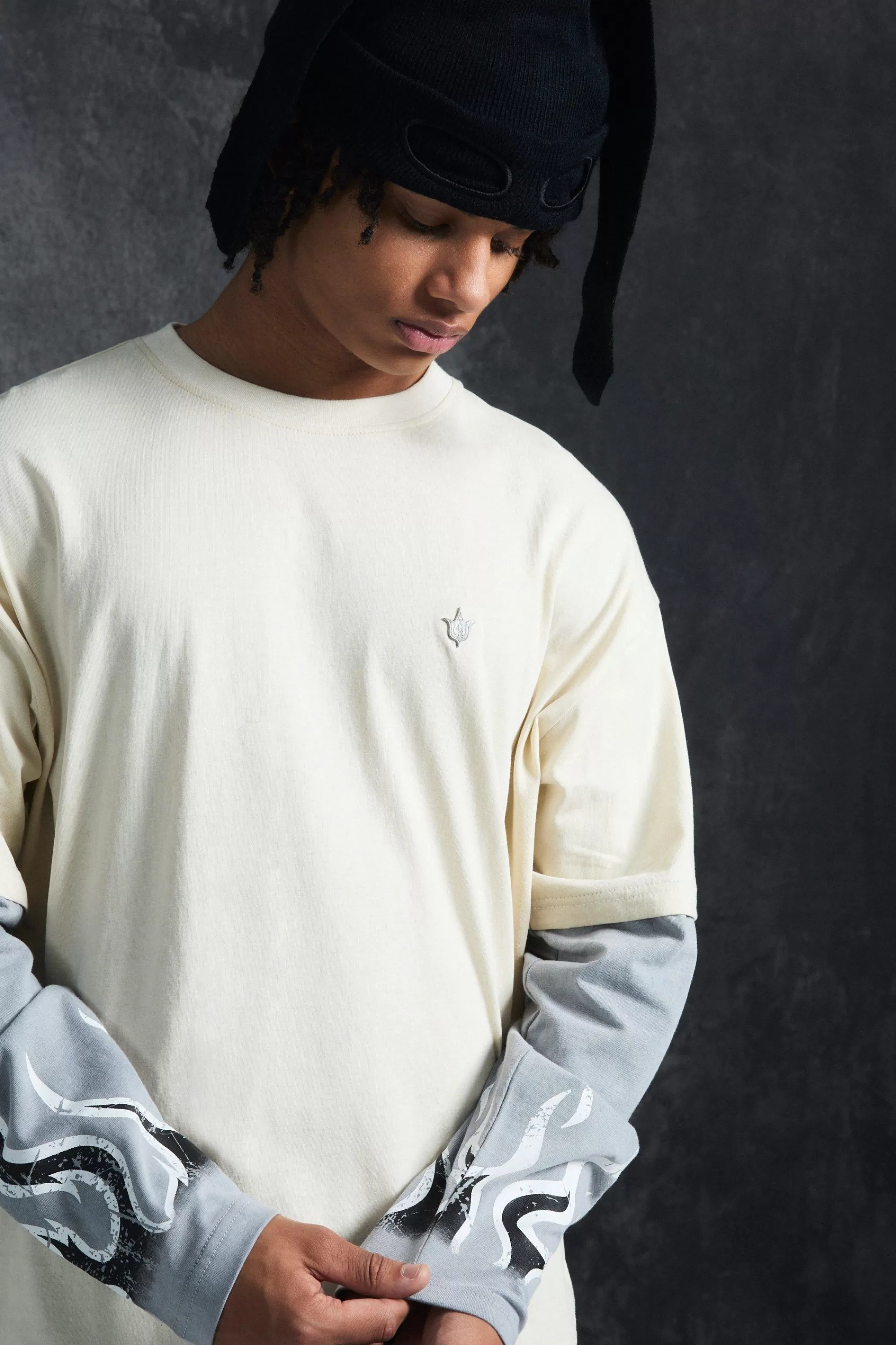boohooMAN Trippie Redd Oversized Boxy Heavy Washed Faux Layer Flame Print T-shirt | UK ecru New