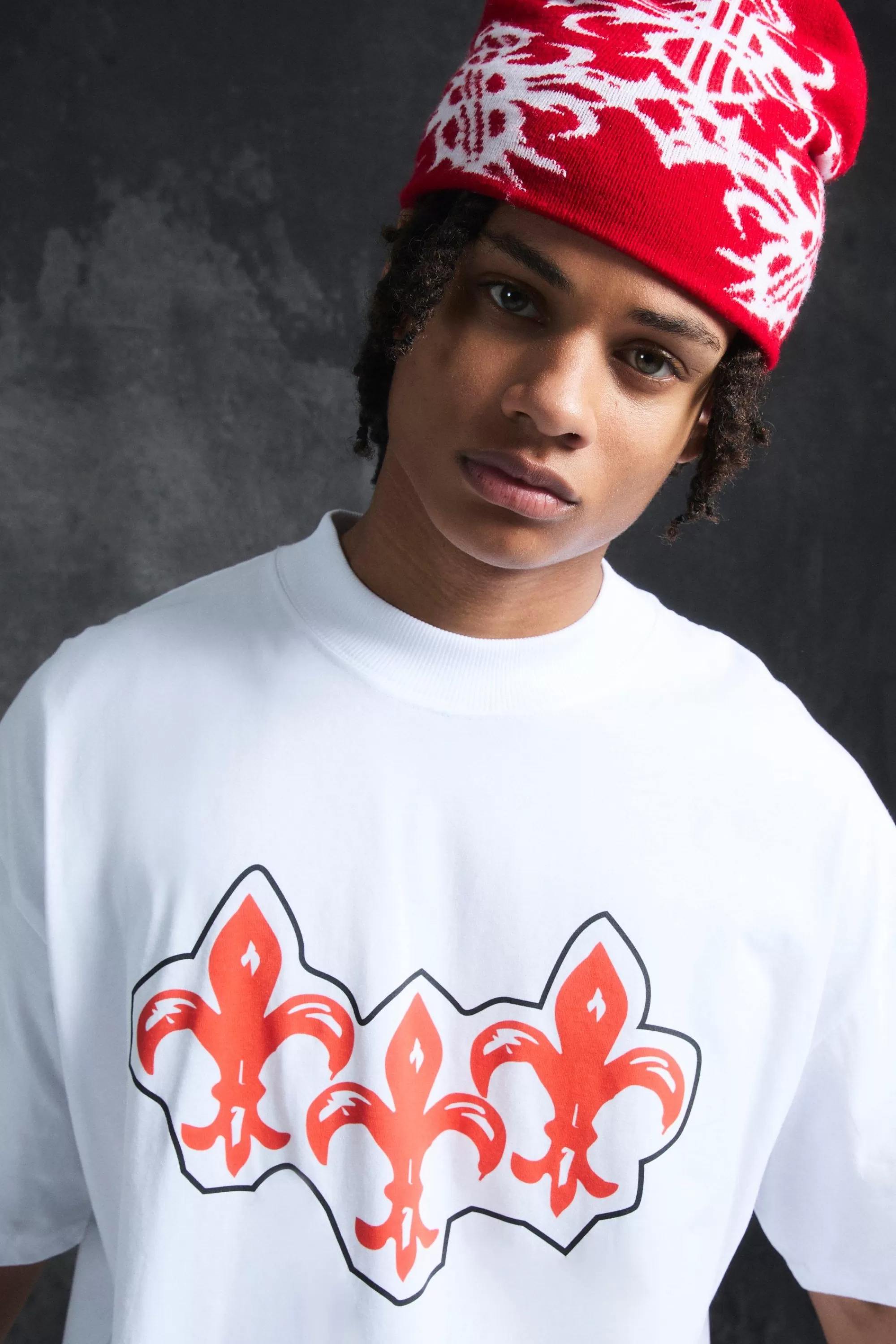 boohooMAN Trippie Redd Oversized Extended Neck Heavyweight Fleur De Lis T-Shirt | UK white Discount