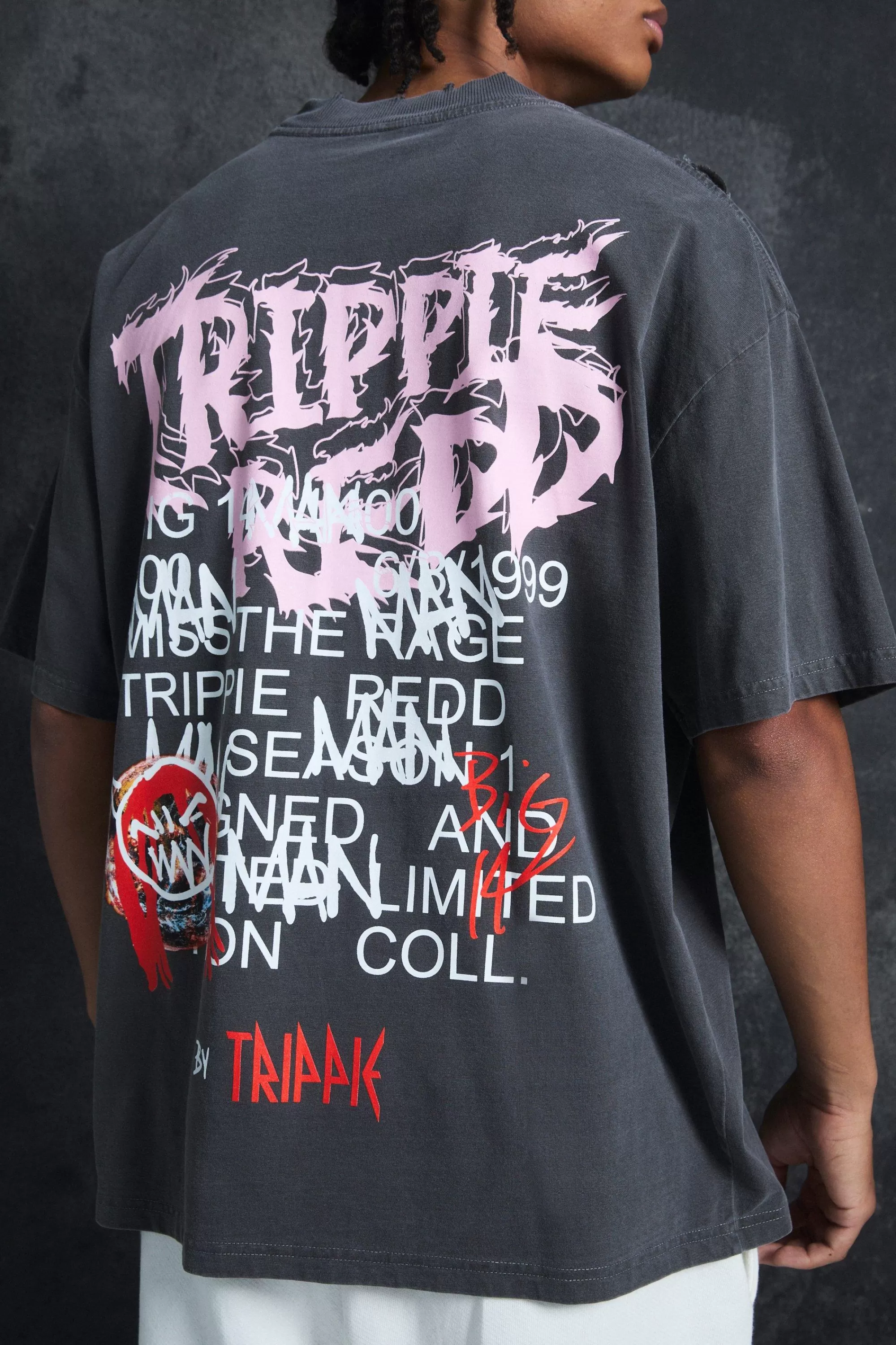 boohooMAN Trippie Redd Oversized Extended Neck Heavyweight Washed Life T-shirt | UK charcoal Discount