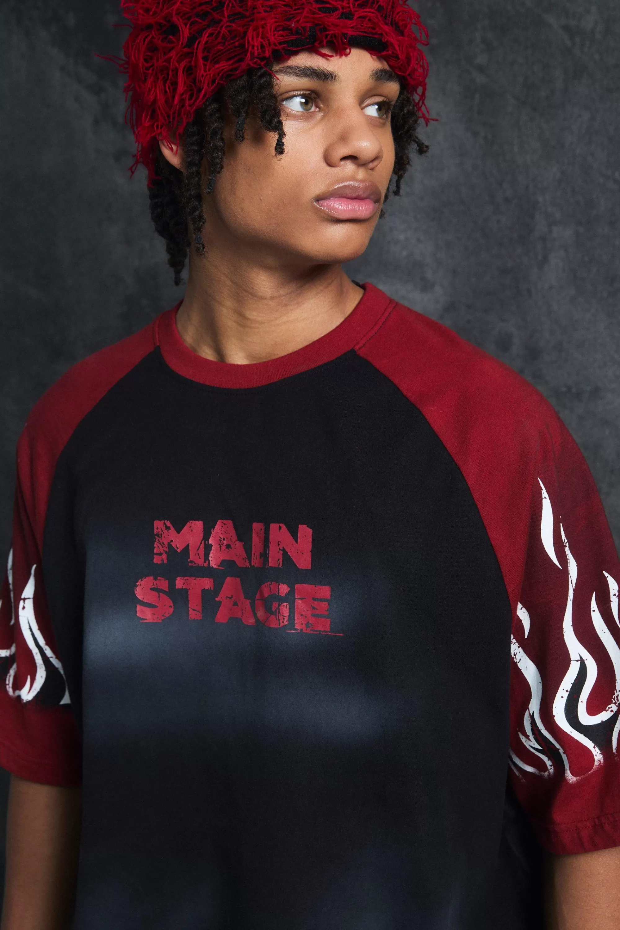 boohooMAN Trippie Redd Oversized Heavy Washed Raglan Flame T-shirt | UK black Store