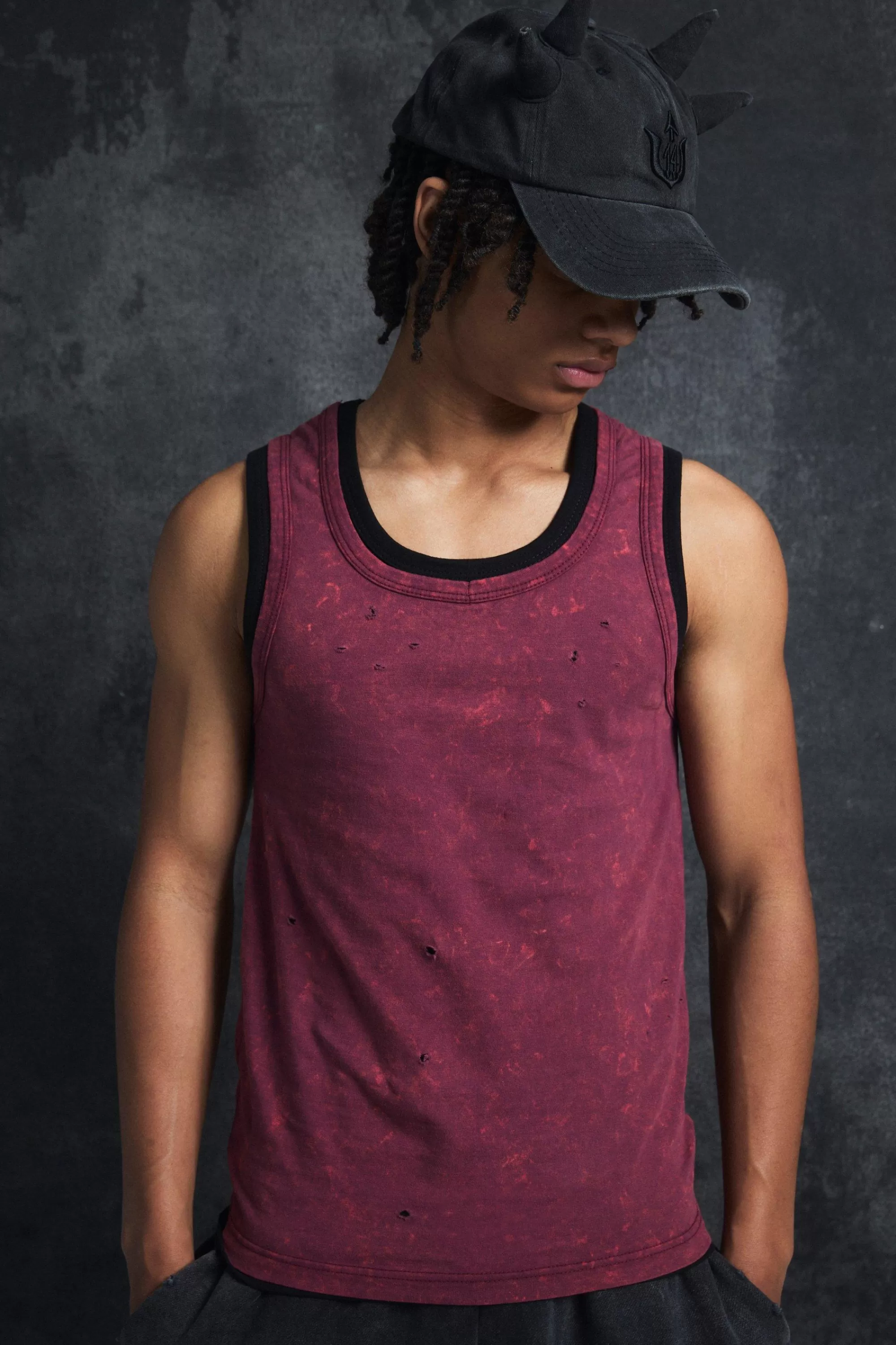boohooMAN Trippie Redd Slim Washed & Distressed Faux Layer Vest | UK burgundy Discount