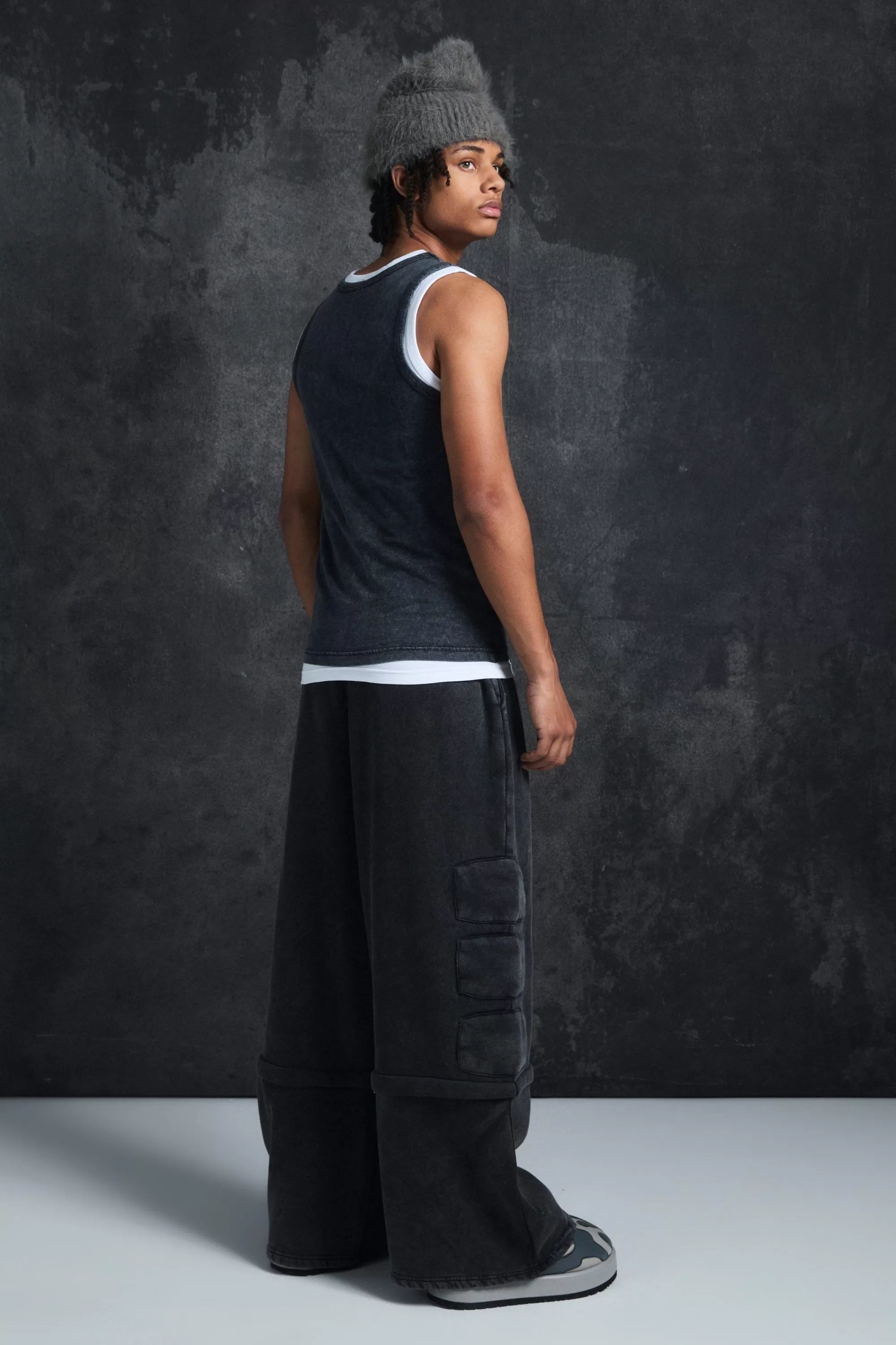 boohooMAN Trippie Redd Slim Washed & Distressed Faux Layer Vest | UK black Fashion