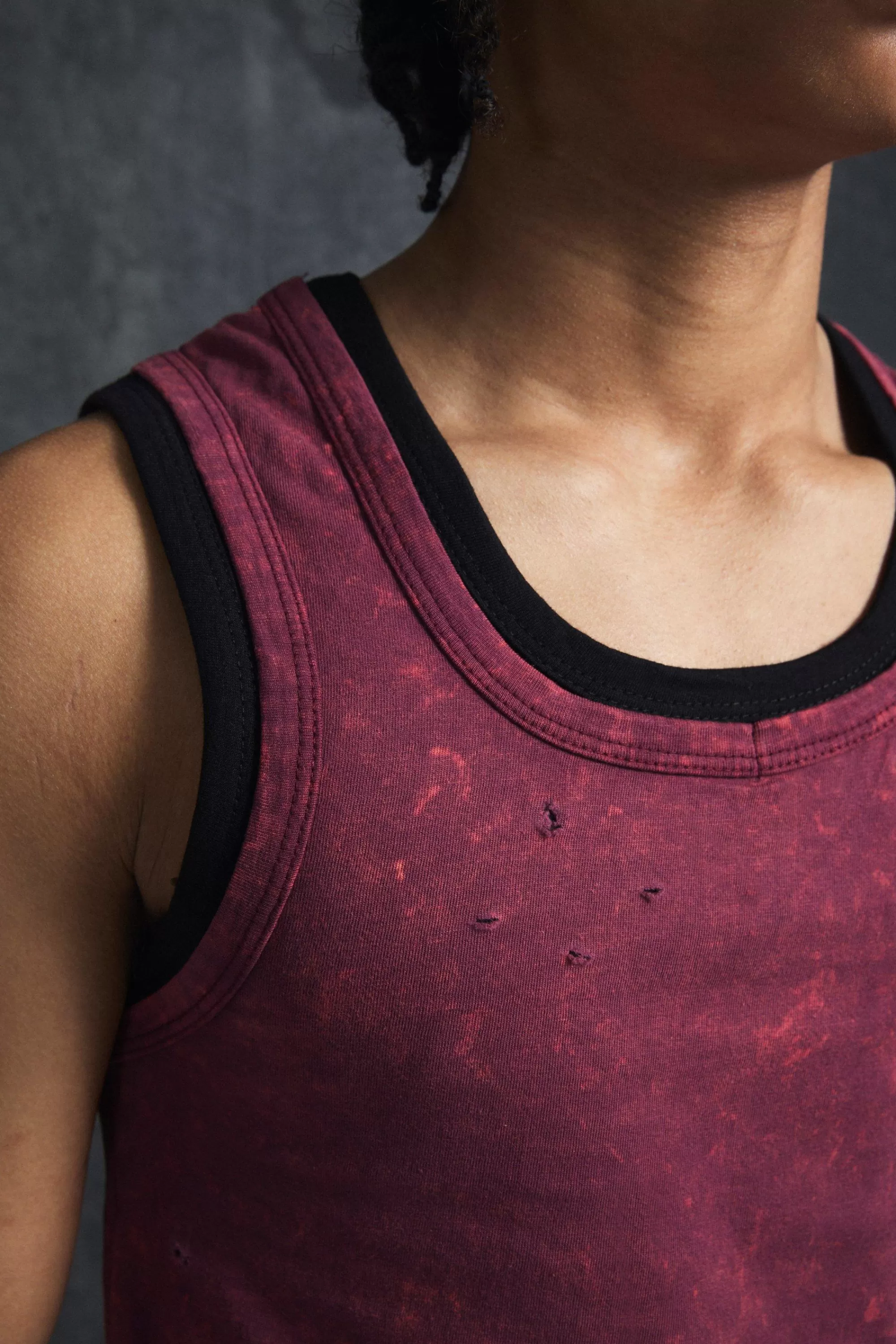 boohooMAN Trippie Redd Slim Washed & Distressed Faux Layer Vest | UK burgundy Discount