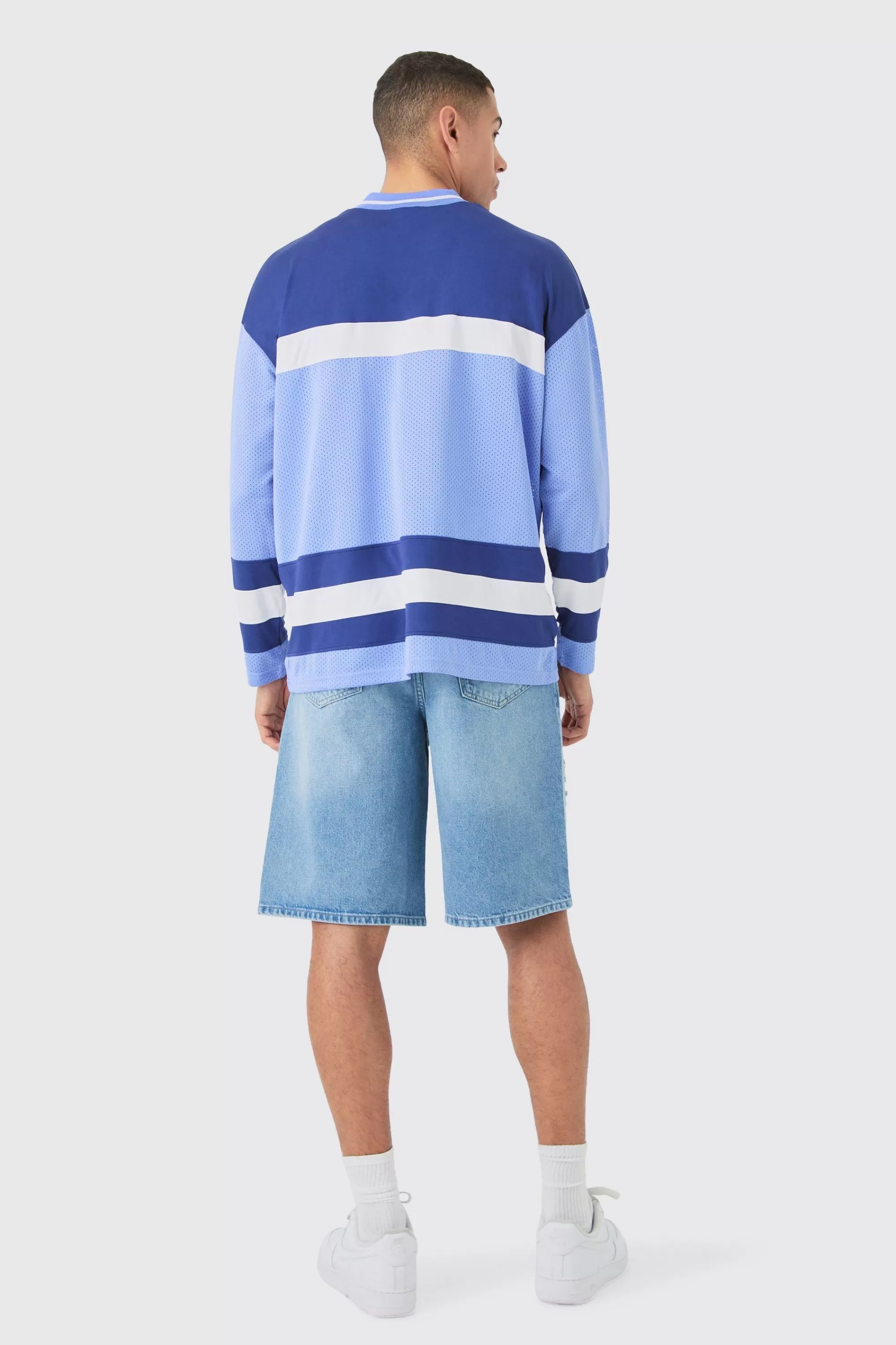boohooMAN V Neck Colour Block Mesh Long Sleeve T-shirt | UK cobalt Cheap