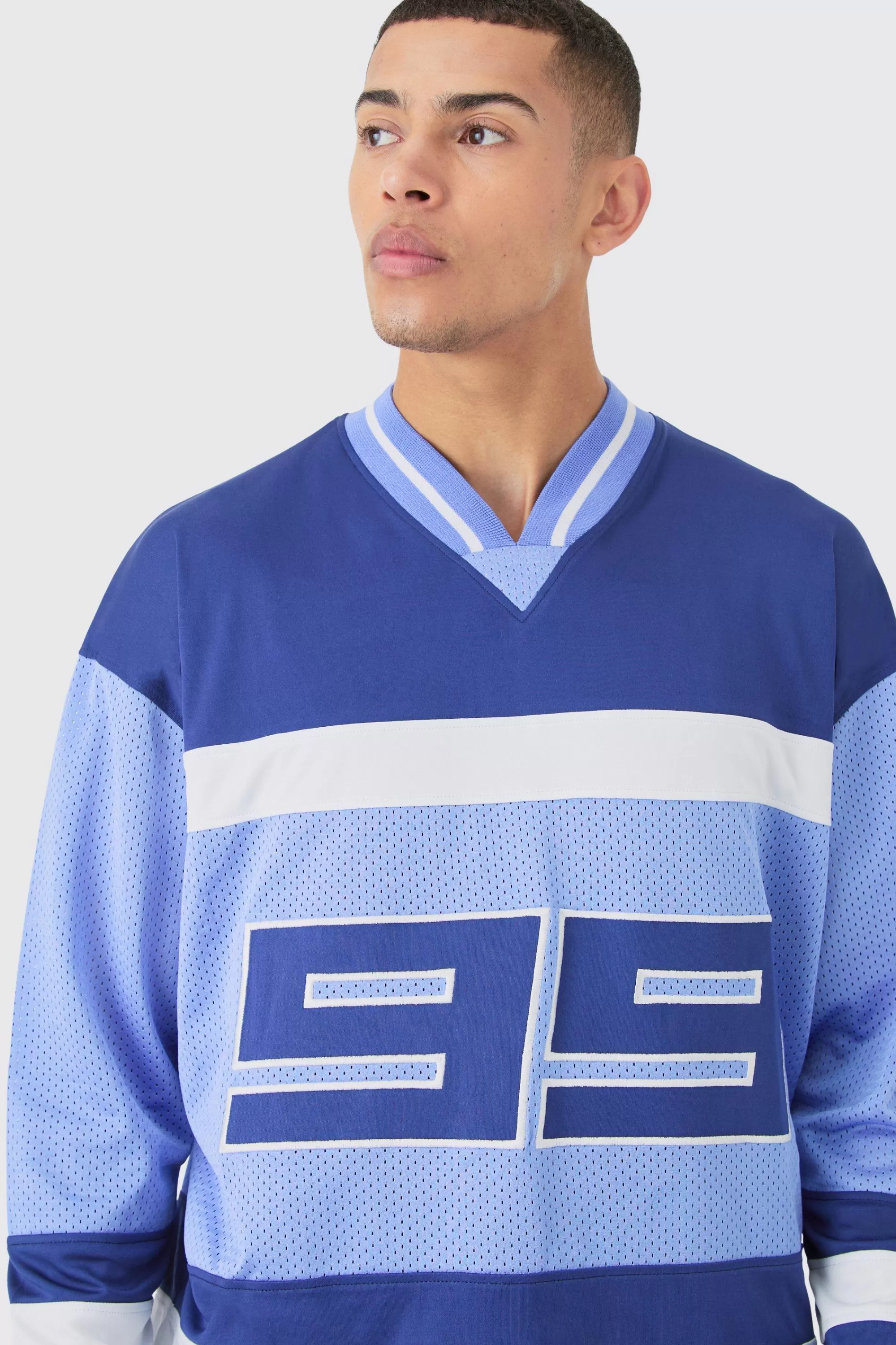 boohooMAN V Neck Colour Block Mesh Long Sleeve T-shirt | UK cobalt Cheap