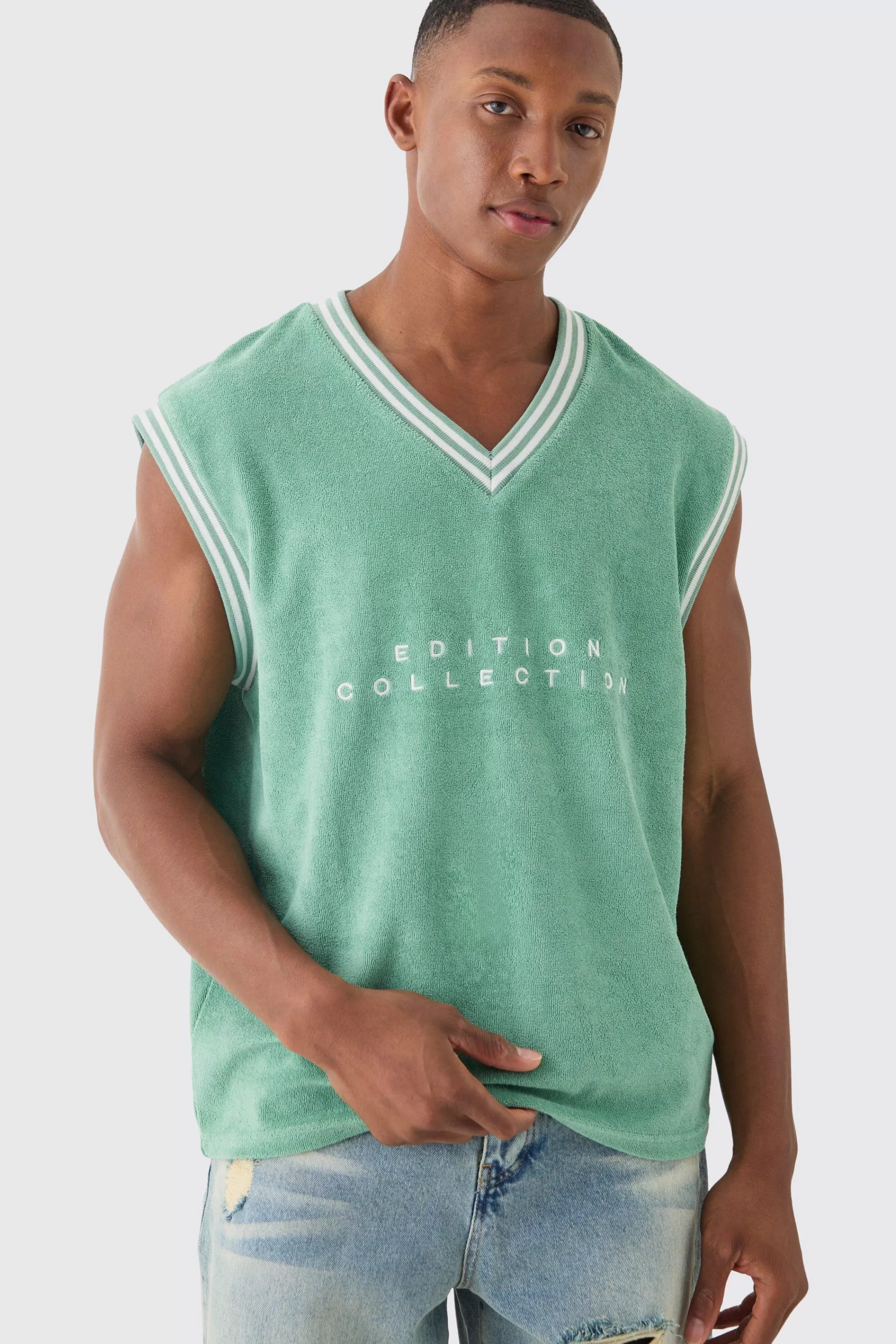 boohooMAN V Neck Limited Edition Towelling Sweater Vest | UK green Best Sale
