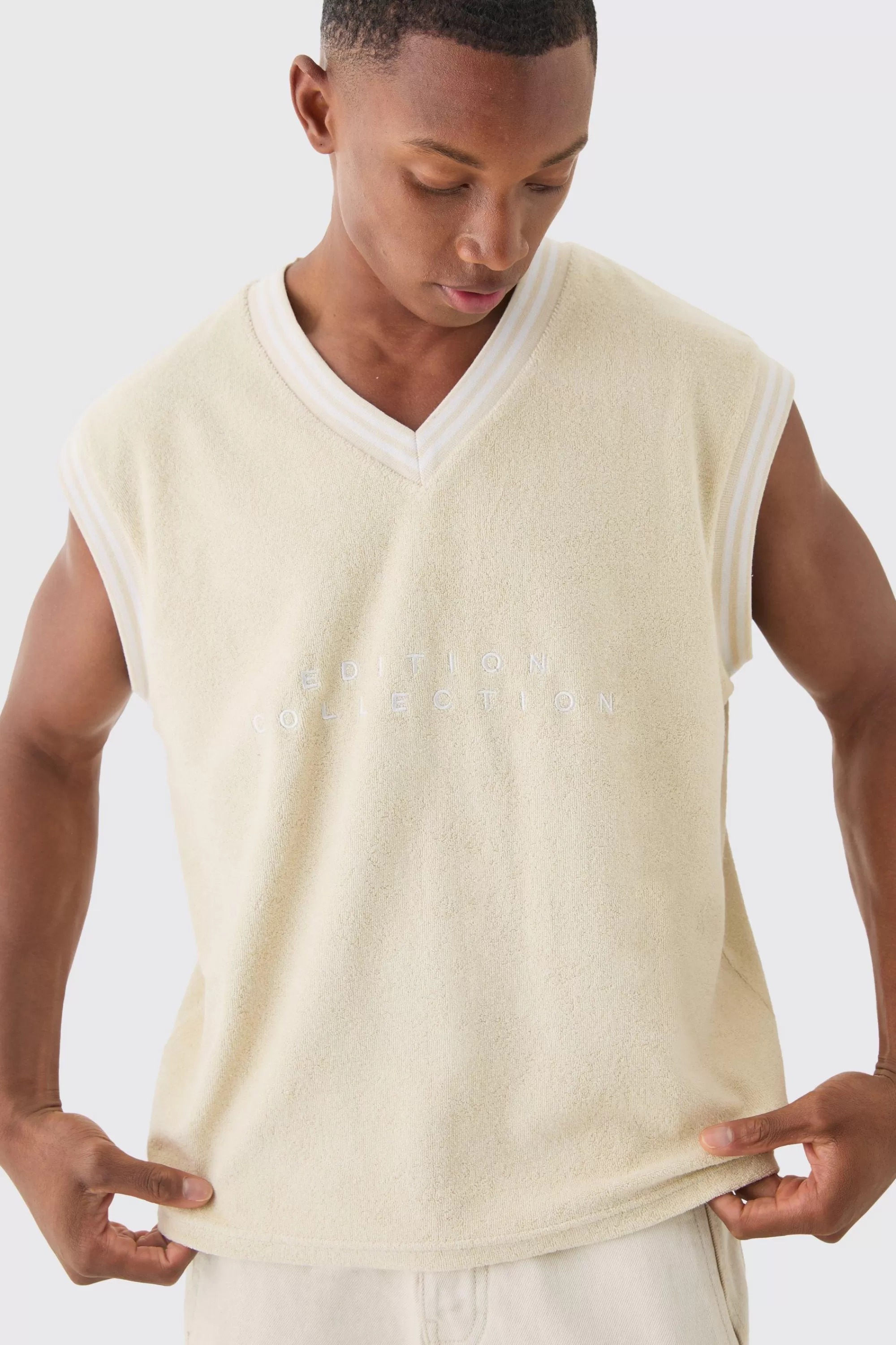 boohooMAN V Neck Limited Edition Towelling Sweater Vest | UK sand Flash Sale
