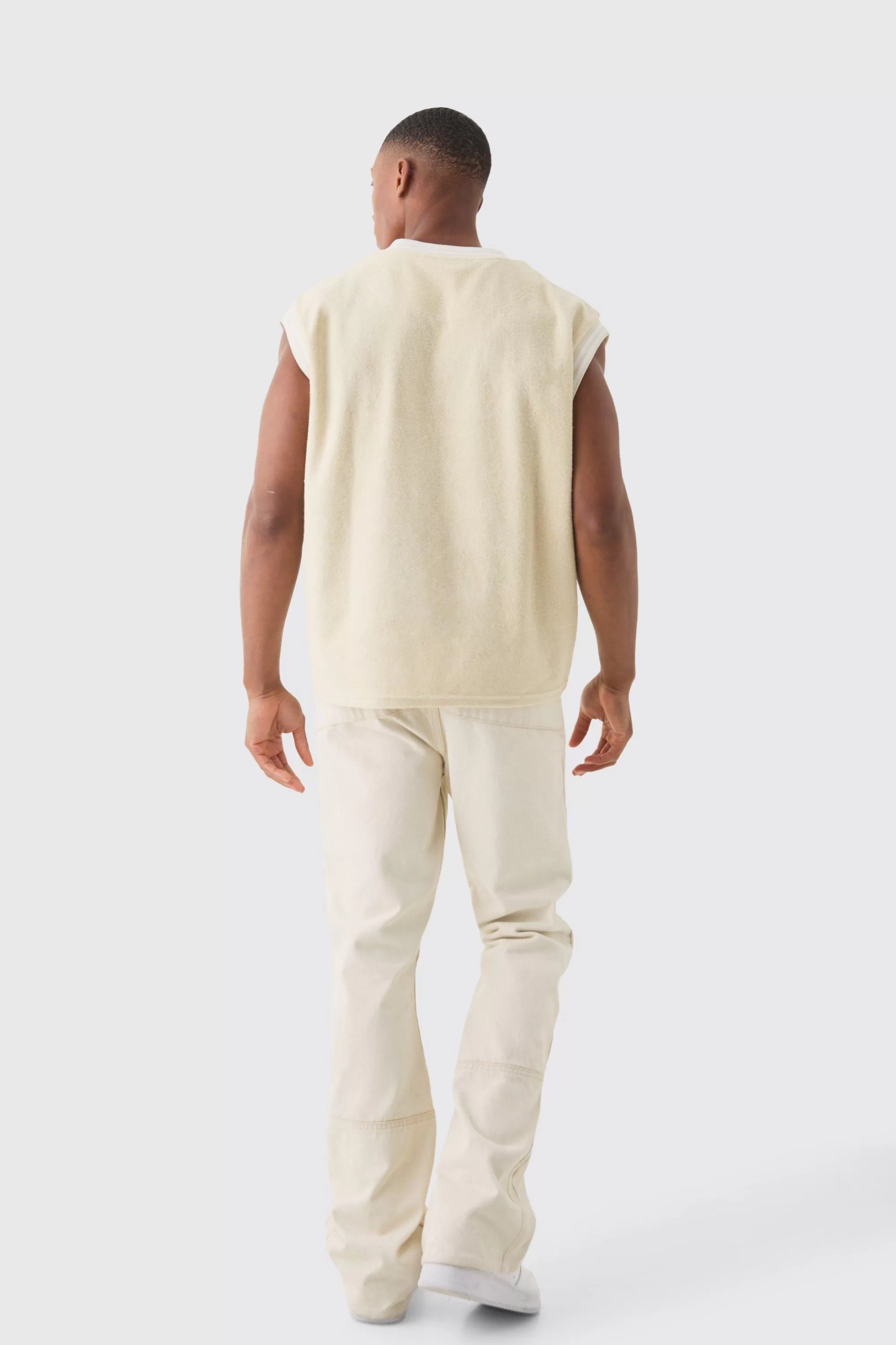 boohooMAN V Neck Limited Edition Towelling Sweater Vest | UK sand Flash Sale