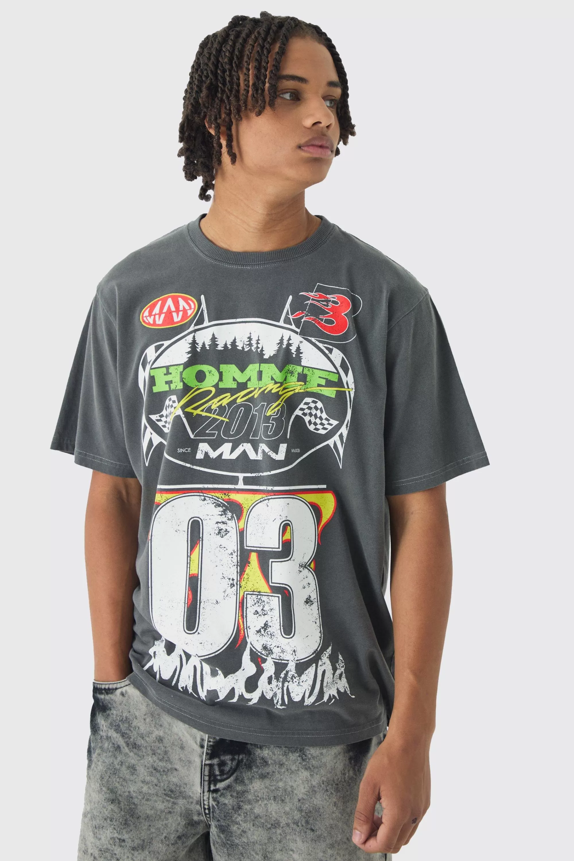 boohooMAN Washed Moto Graphic T-Shirt | UK charcoal Clearance