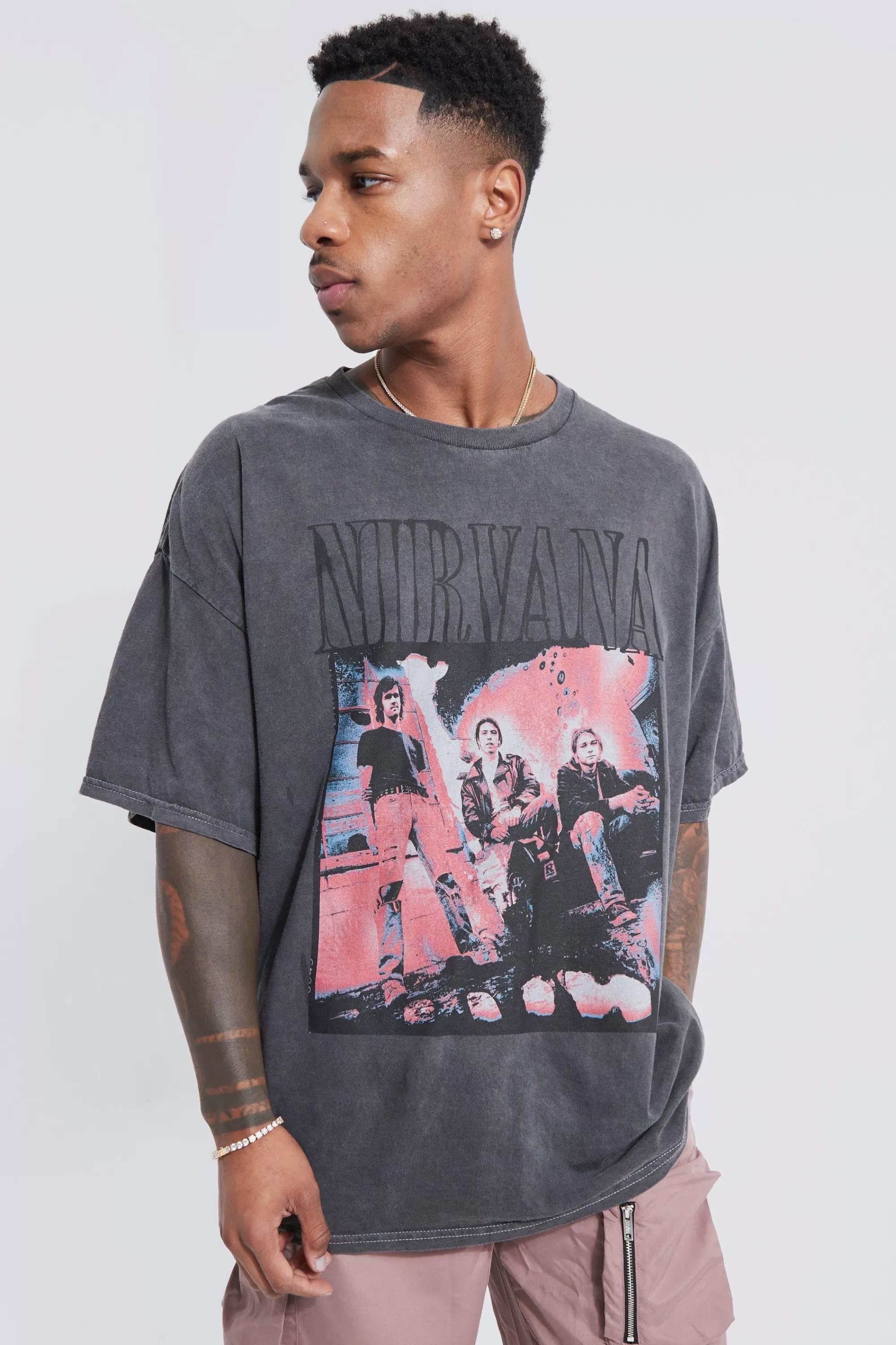 boohooMAN Washed Nirvana Overdye License T-shirt | UK charcoal Store