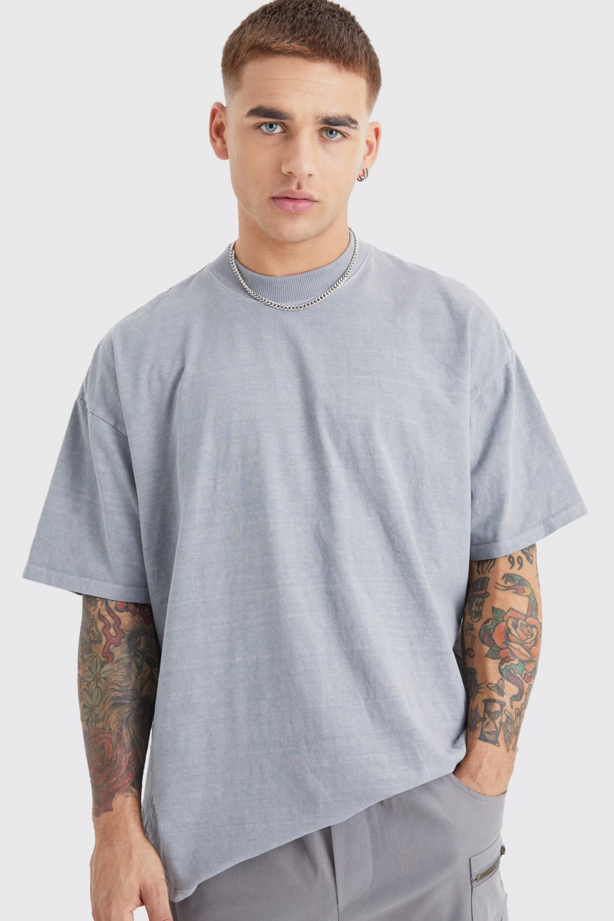 boohooMAN Washed Oversized Extended Neck Eagle Graphic T-shirt | UK grey Clearance
